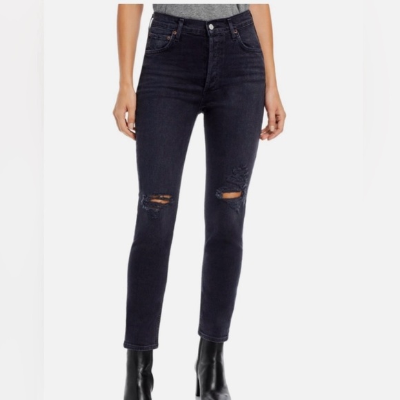 Agolde Nico High Rise Slim Straight Denim Jeans Distressed In Cassette Sz 25 - Picture 14 of 16